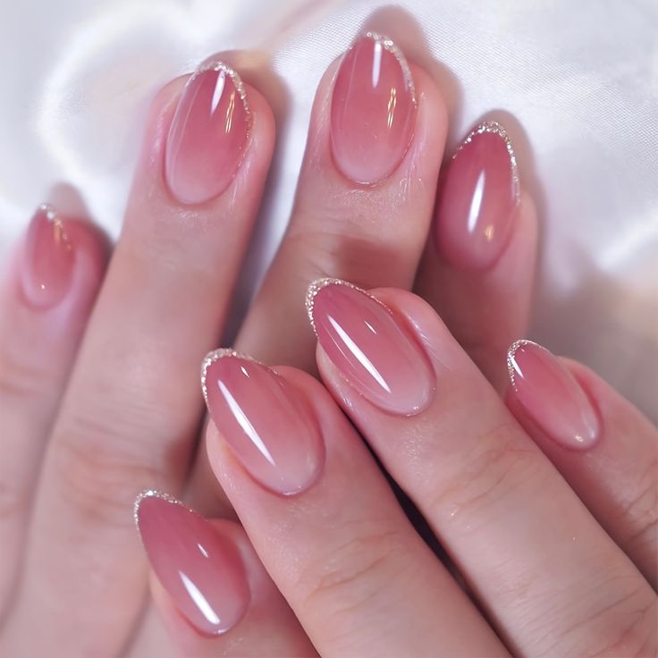 Glossy Pink Nude Ombre Oval Press-On Nails with Glitter Tips